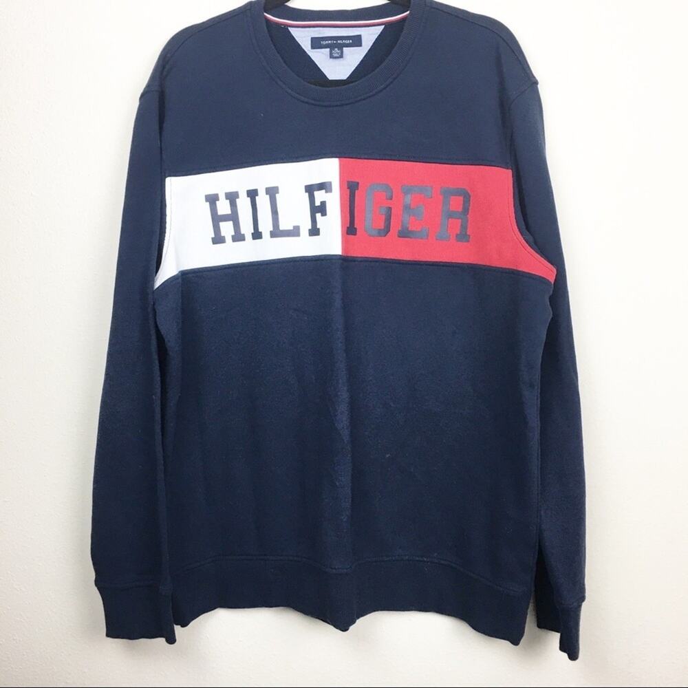 Tommy Hilfiger Color Block Logo Sweatshirt Size XL Fleece Sweater Navy Blue